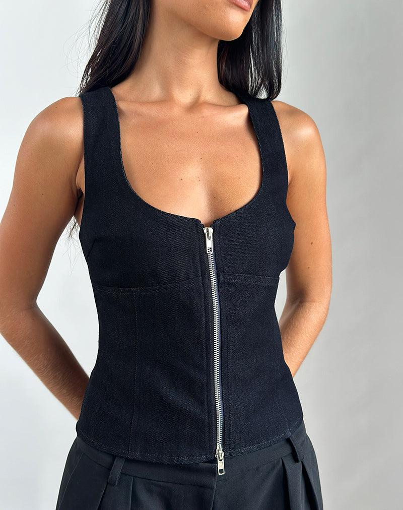 Image of Nalea Zip Through Corset Top in Chambray Indigo