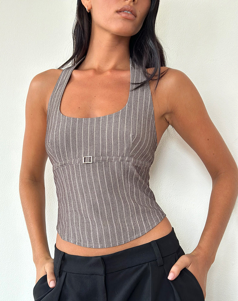 Nasya Halterneck Top in Taupe Pinstripe Tailoring