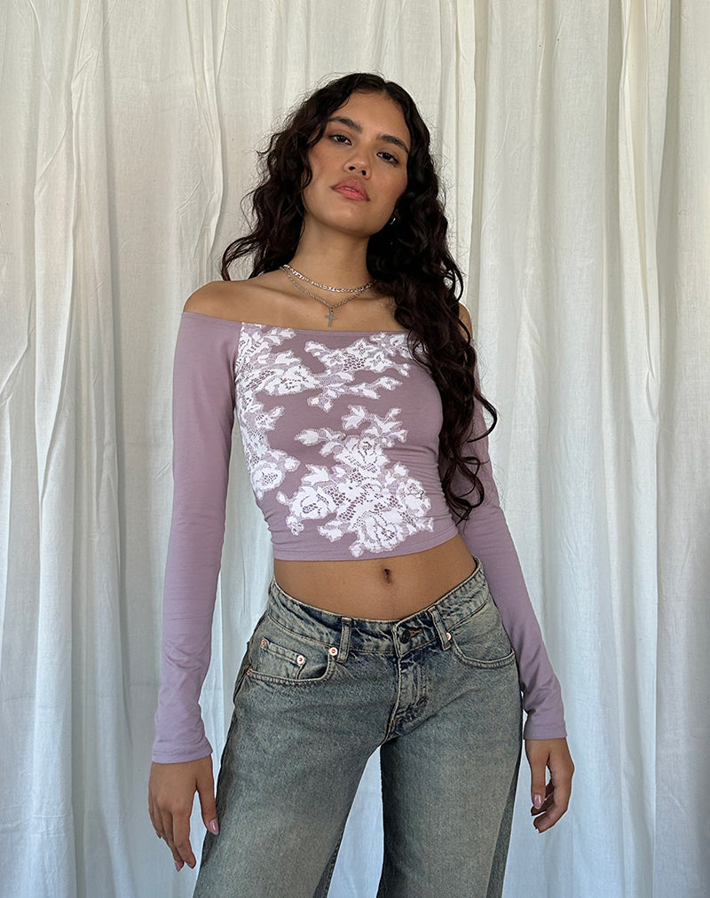 Image of Nauby Long Sleeve Bardot Top in Light Mauve Floral Lace