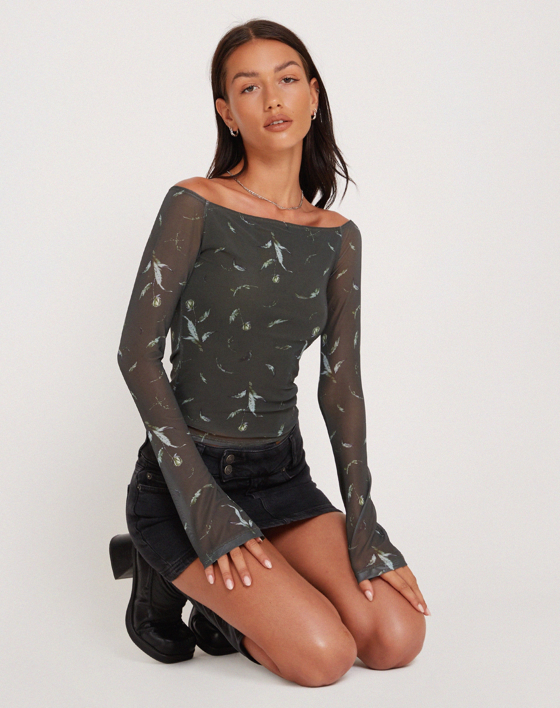 Image of Neira Long Sleeve Mesh Bardot Top in Floral Khaki Silhouette