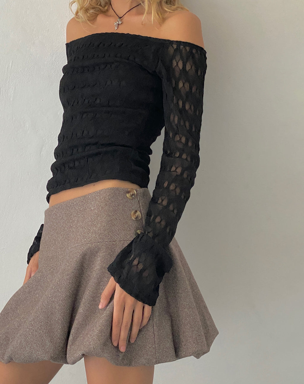 Neira Long Sleeve Bardot Top in Textured Knit Black