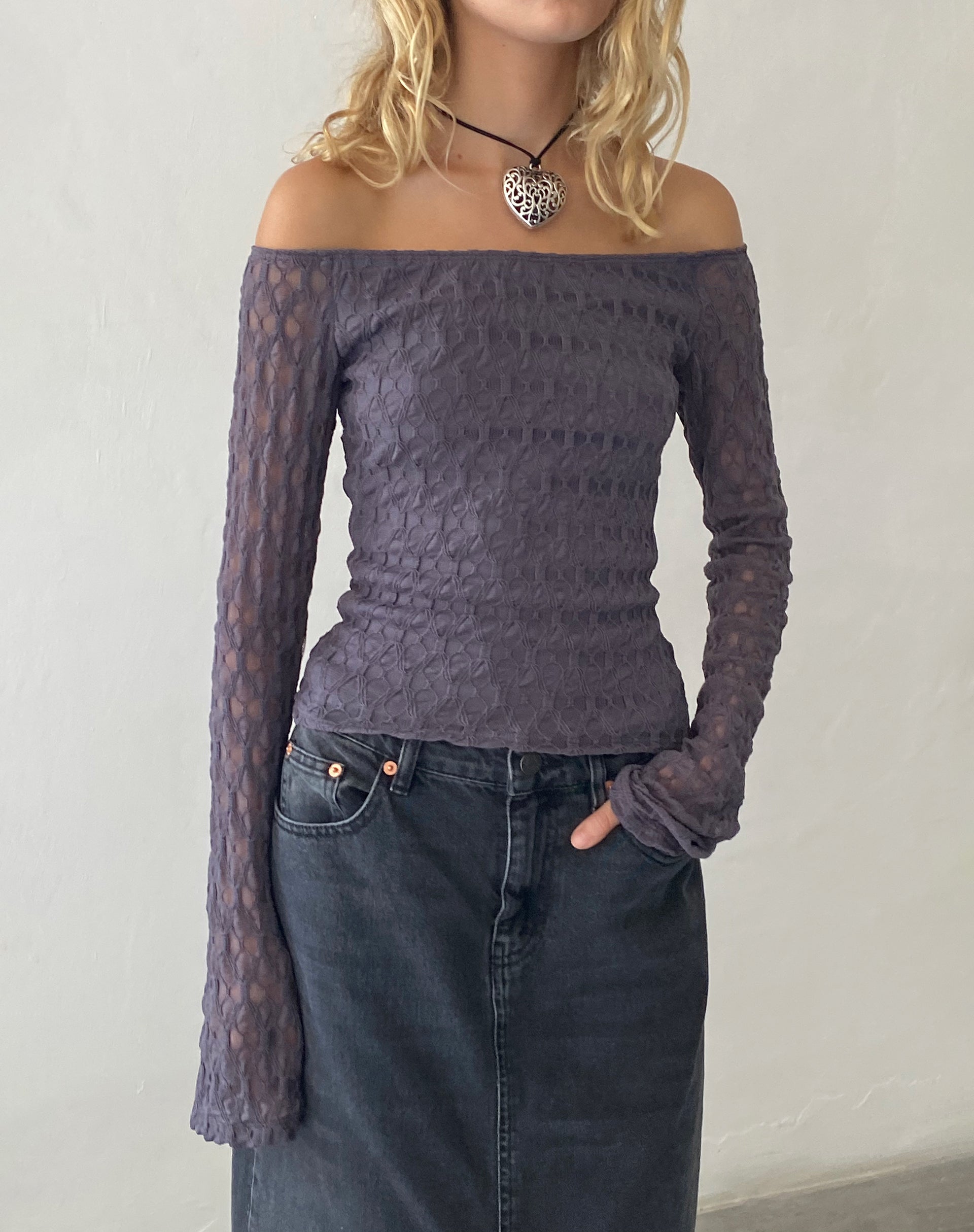 Image of Neira Long Sleeve Bardot Top in Textured Knit Ocean Storm