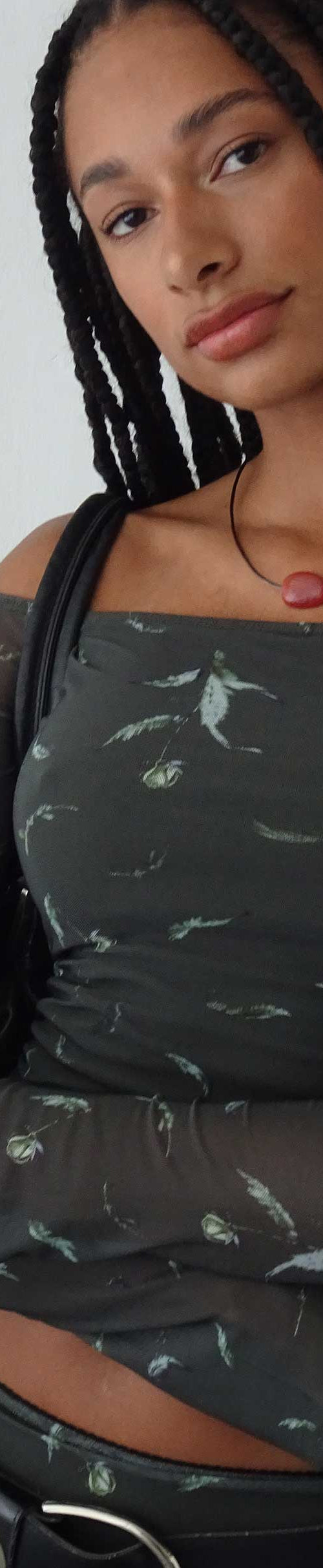 Image of Neira Long Sleeve Mesh Bardot Top in Floral Khaki Silhouette