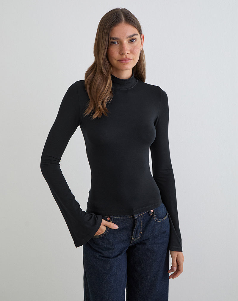 Image of Nell High Neck Long Sleeve Top in Rayon Jersey Black