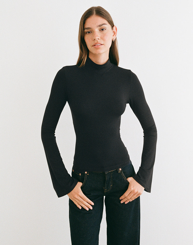 Nell High Neck Long Sleeve Top in Rayon Jersey Black
