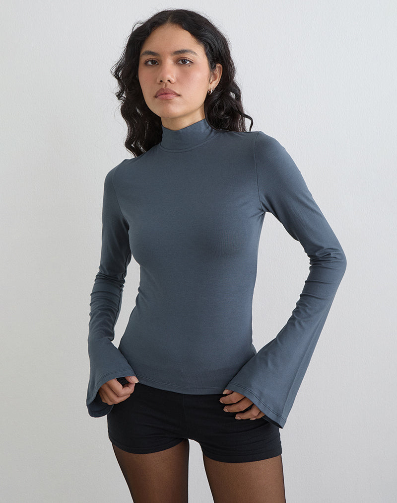 Nell High Neck Long Sleeve Top in Jersey Ocean Storm