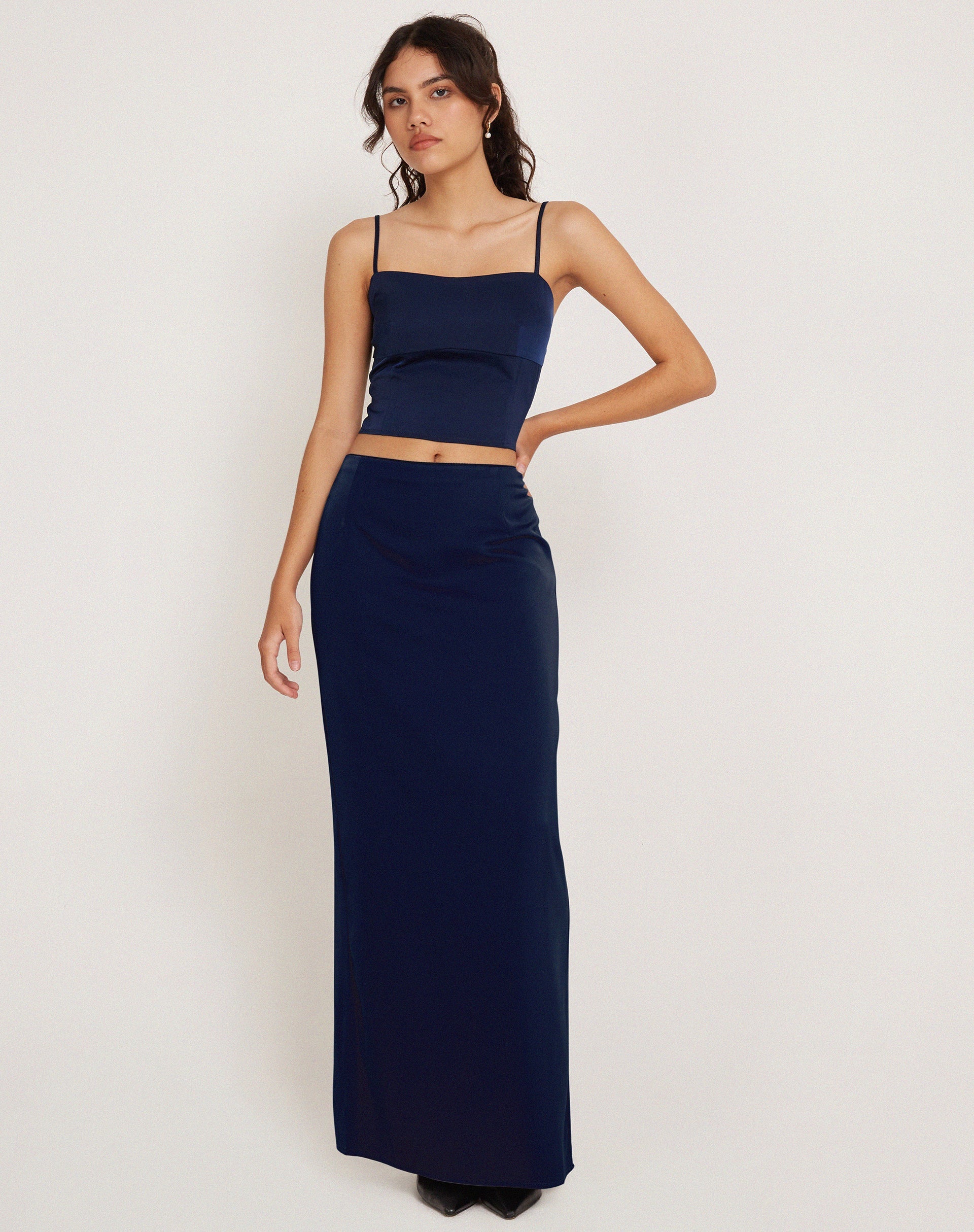 Navy blue store satin maxi dress