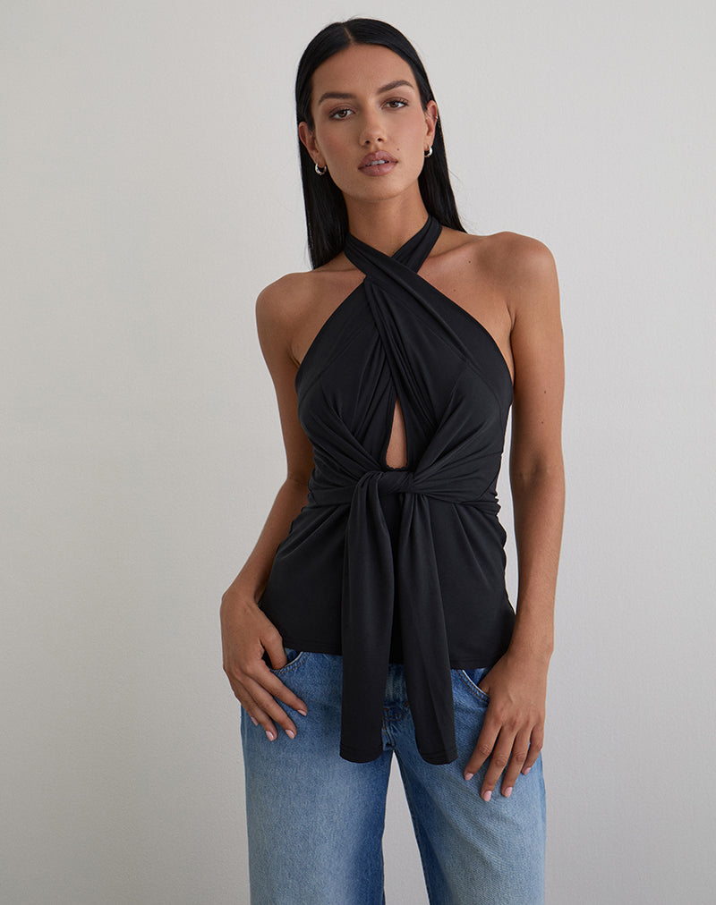 Image of Nezuko Multi Tie Long Sleeve Top in Cupro Black