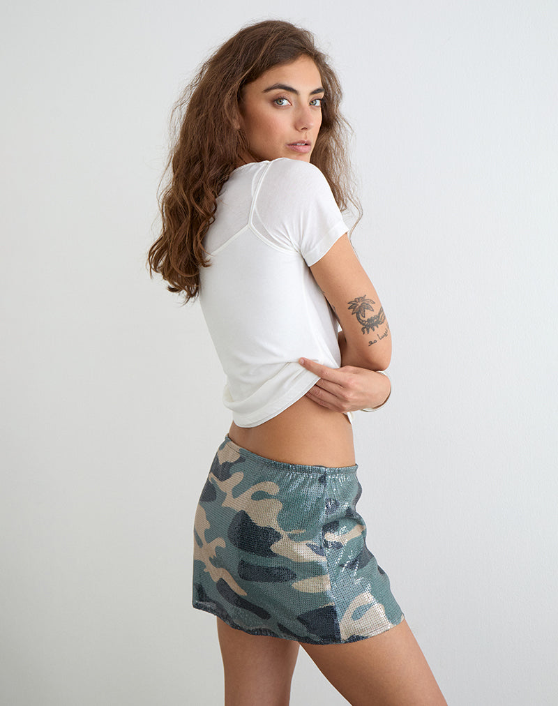 Image of Nidya Mini Skirt in Camo Sequin Khaki Green