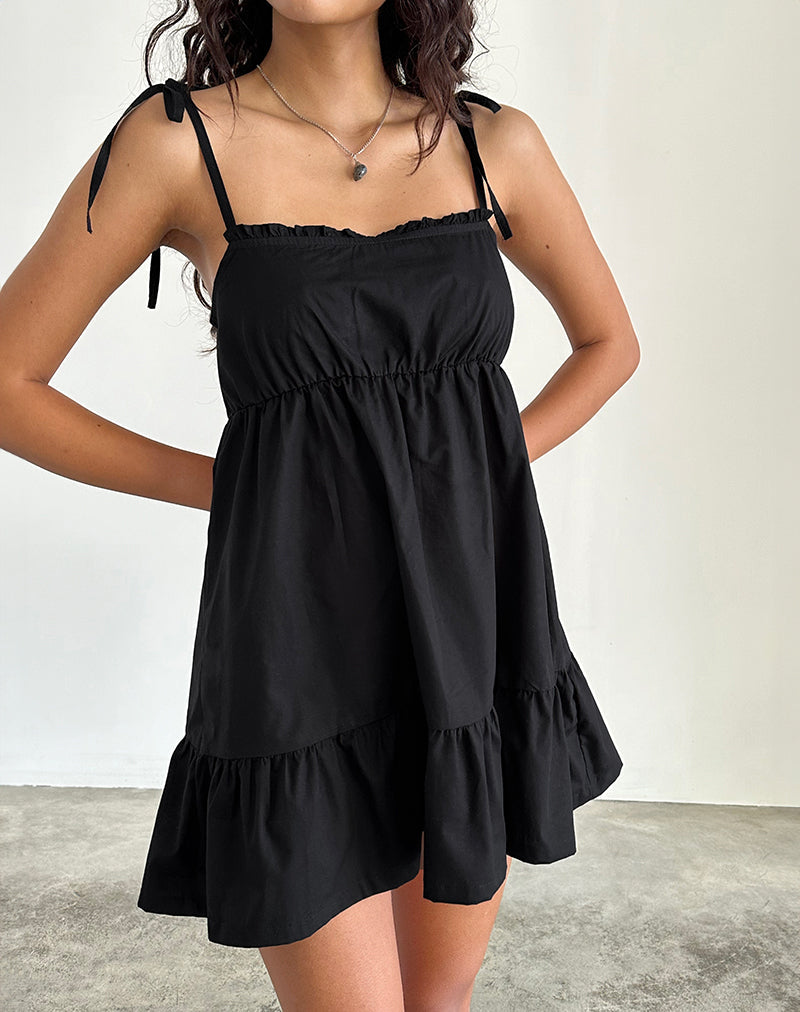 Nigta Tie Front Mini Dress in Poplin Black