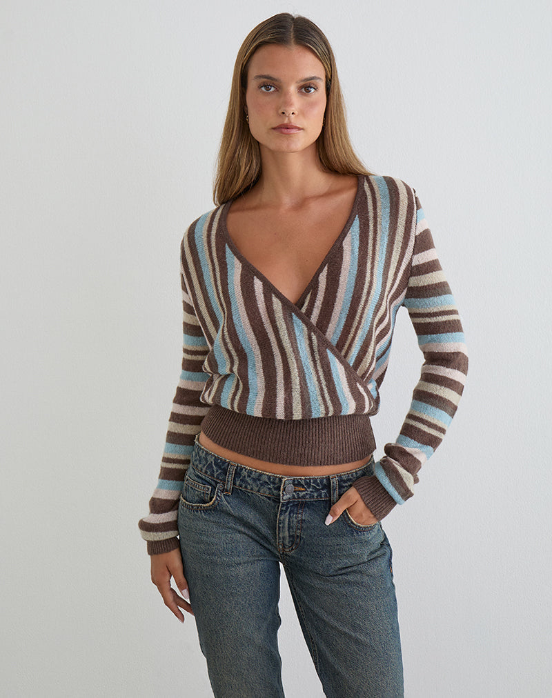 Nilza Wrap Top in Knit Stripe Brown
