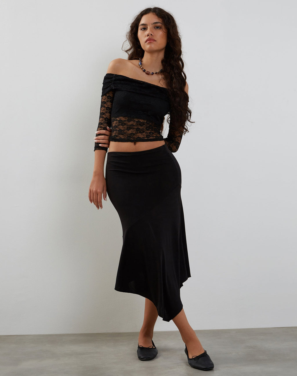 Nixie Long Sleeve Bardot Top in Lace Black