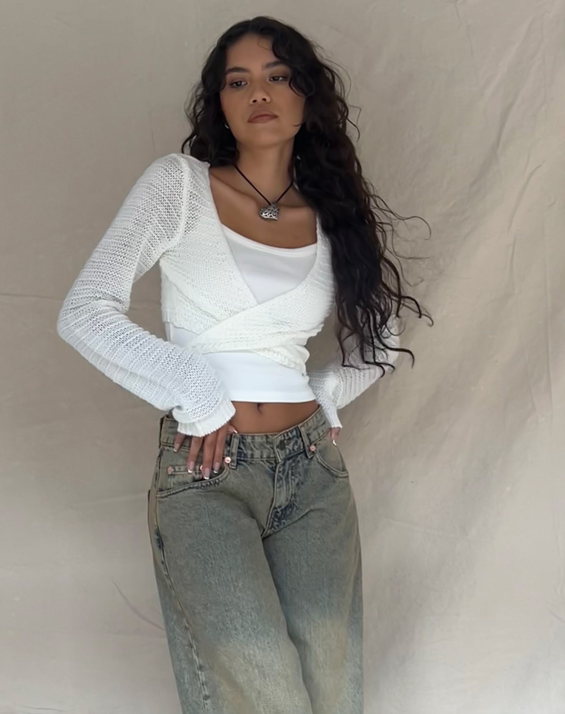 Image of Nocta Long Sleeve Crop Top in Weave Knit Ivory