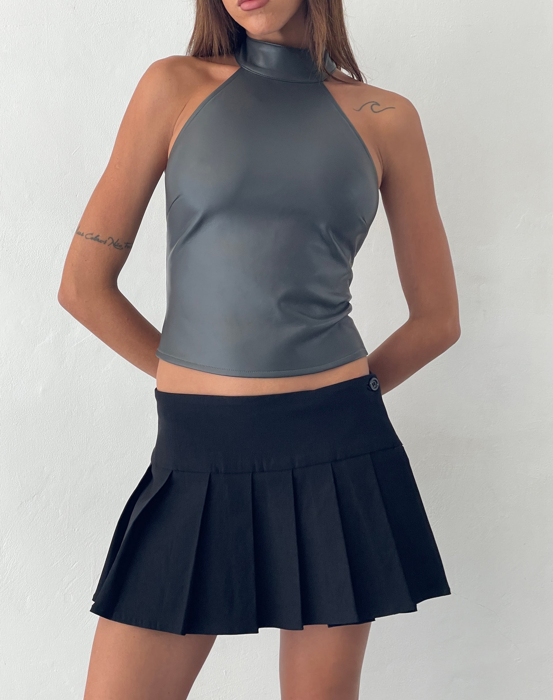 Image of Noena High Neck Top in PU Slate Grey