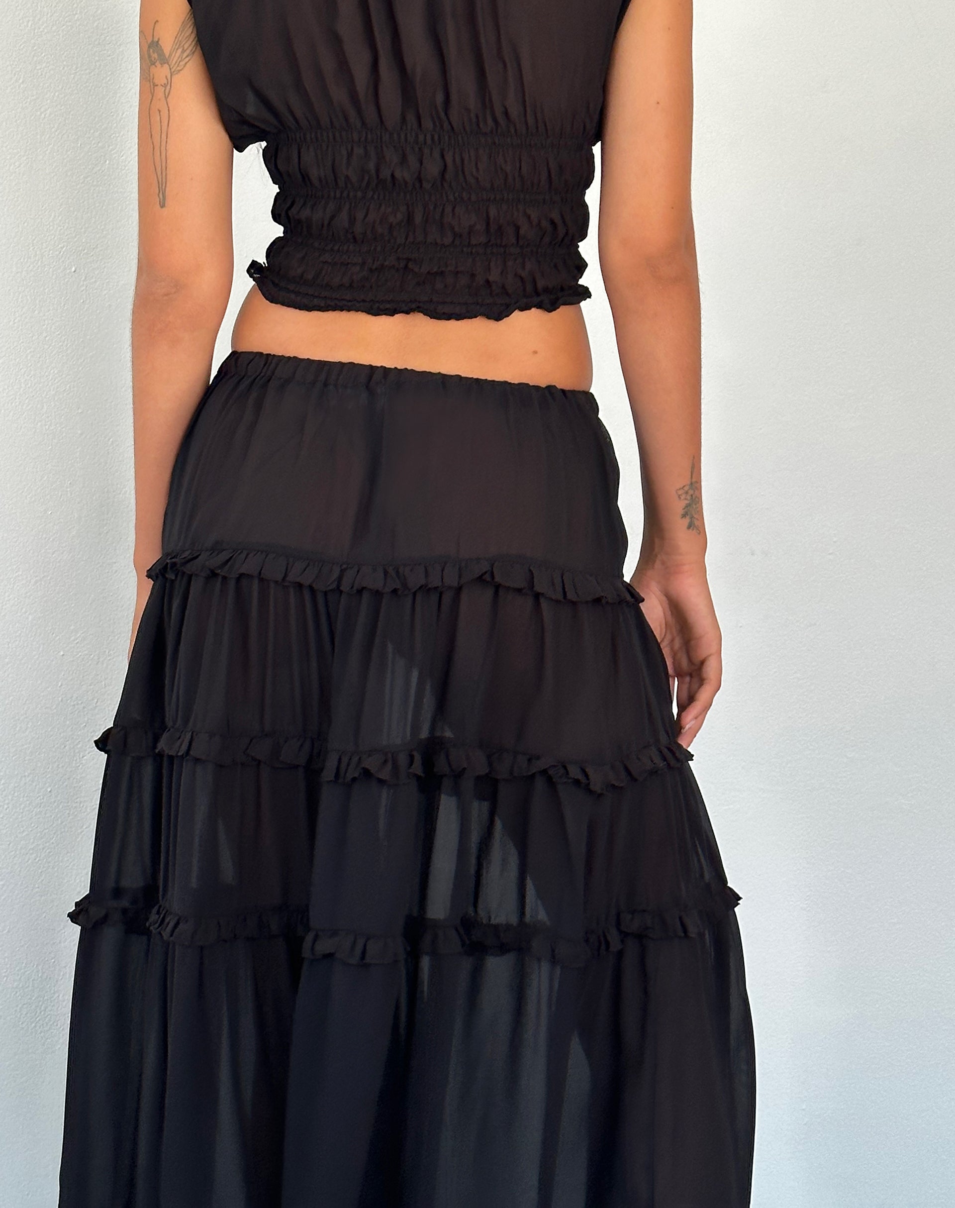 Image of Norah Tiered Maxi Skirt in Black Chiffon