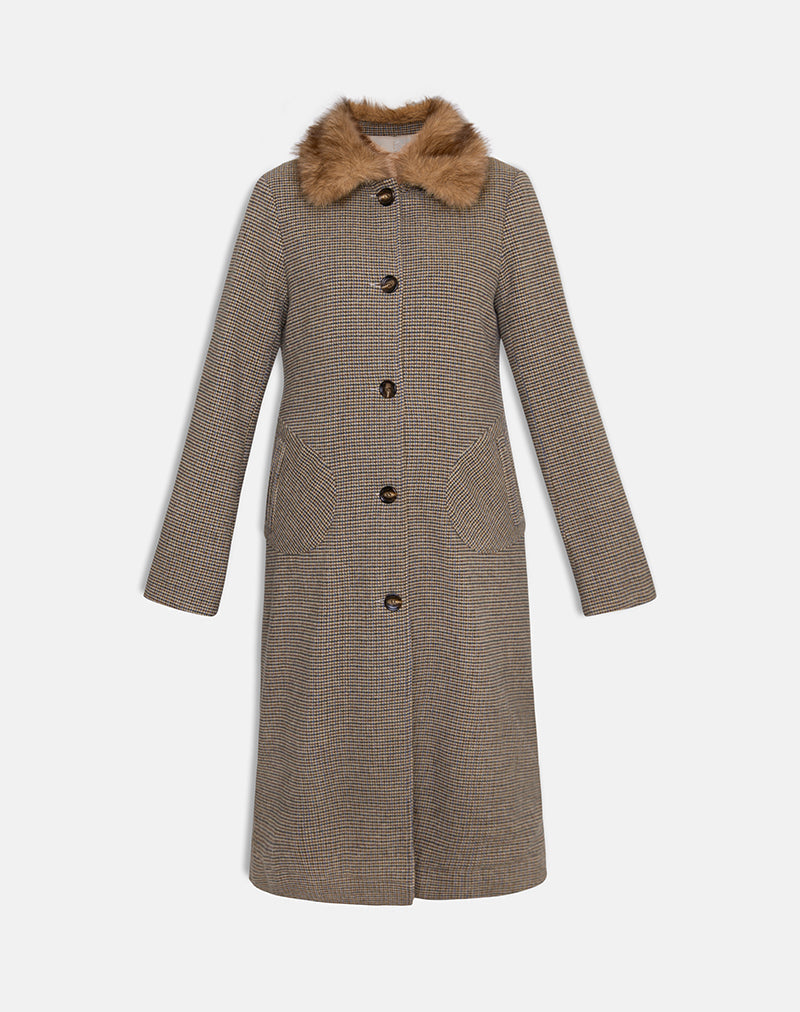 Image of Norciel Longline Coat in Check Brown with Fur Collar
