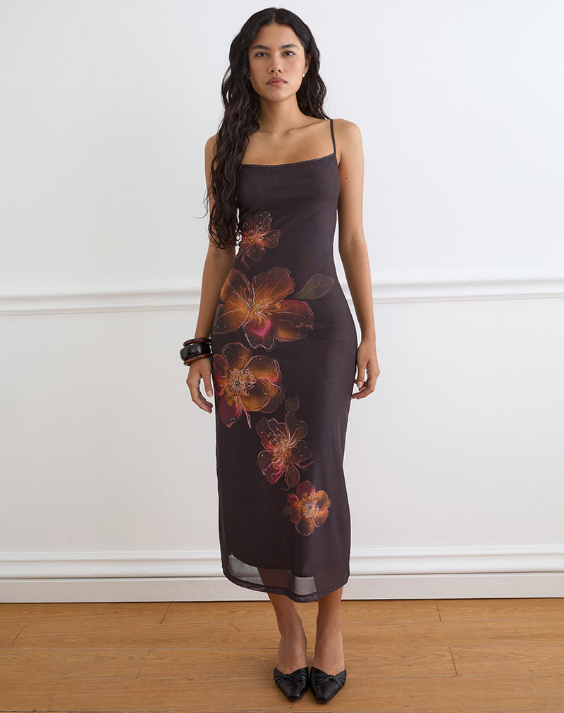 Image of Nori Midi Dress in Brown with Orange Vibrant Lotus Print
