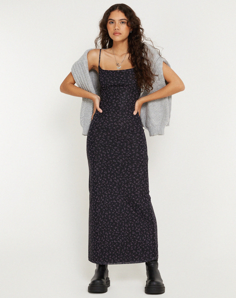 Dark Ditsy Rose Black Printed Maxi Dress | Norila – motelrocks-com-aus