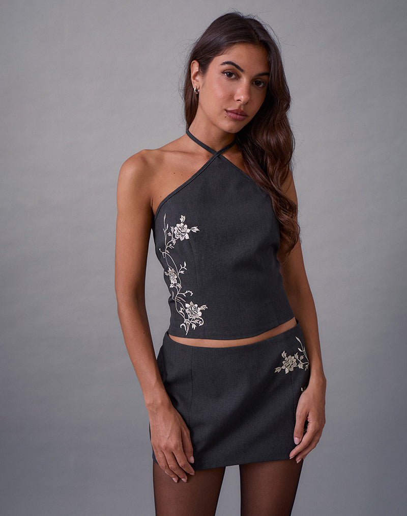 Novin Top in Vine Flower Embroidered Dark Charcoal