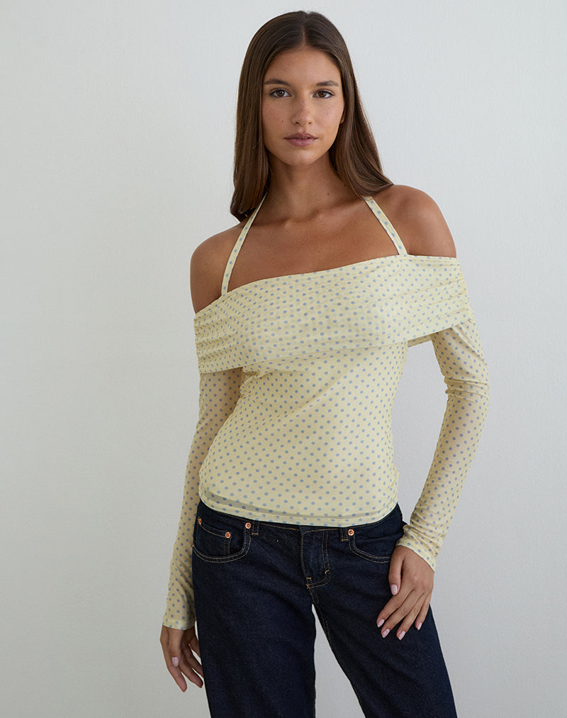 Nunik Halterneck Top in Yellow with Compact Grey Polka