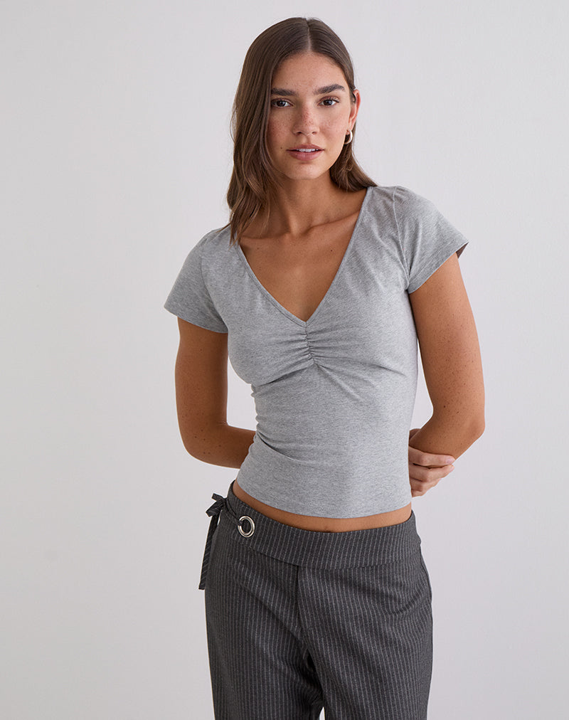 Obanai Short Sleeve V Neck Top in Grey Marl
