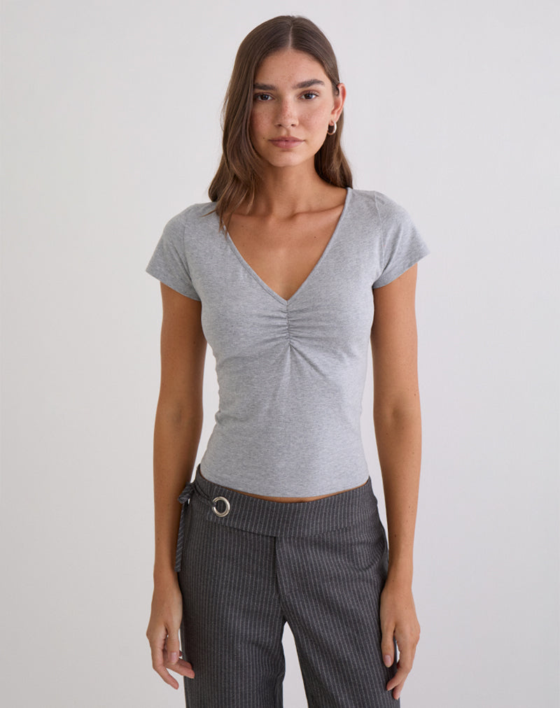 Image of Obanai Short Sleeve V Neck Top in Grey Marl