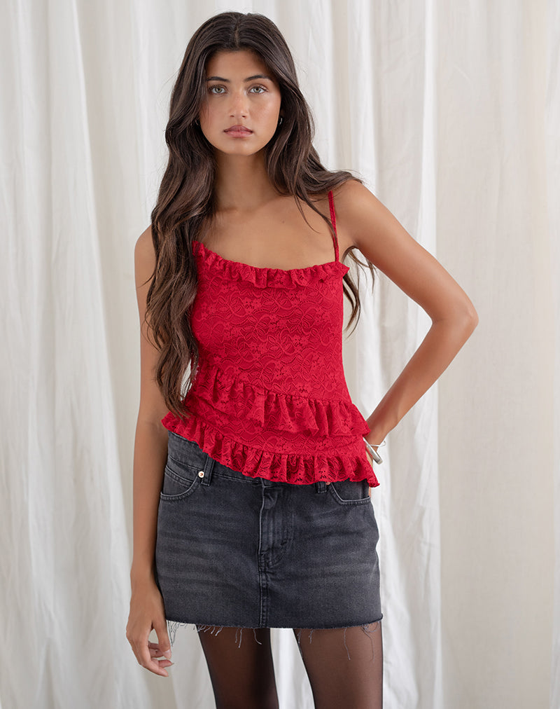 Image of Octavia Asymmetric Cami Top in Lace Red