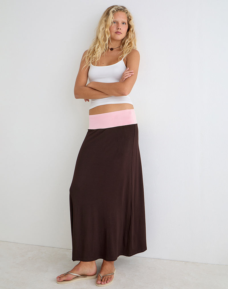Image of Olie Maxi Skirt in Rayon Jersey Bitter Chocolate and Pink