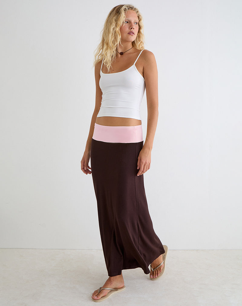 Image of Olie Maxi Skirt in Rayon Jersey Bitter Chocolate and Pink