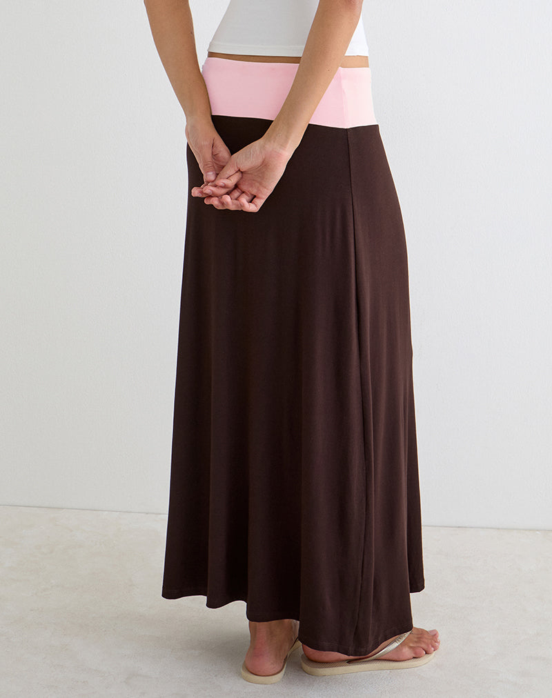 Image of Olie Maxi Skirt in Rayon Jersey Bitter Chocolate and Pink