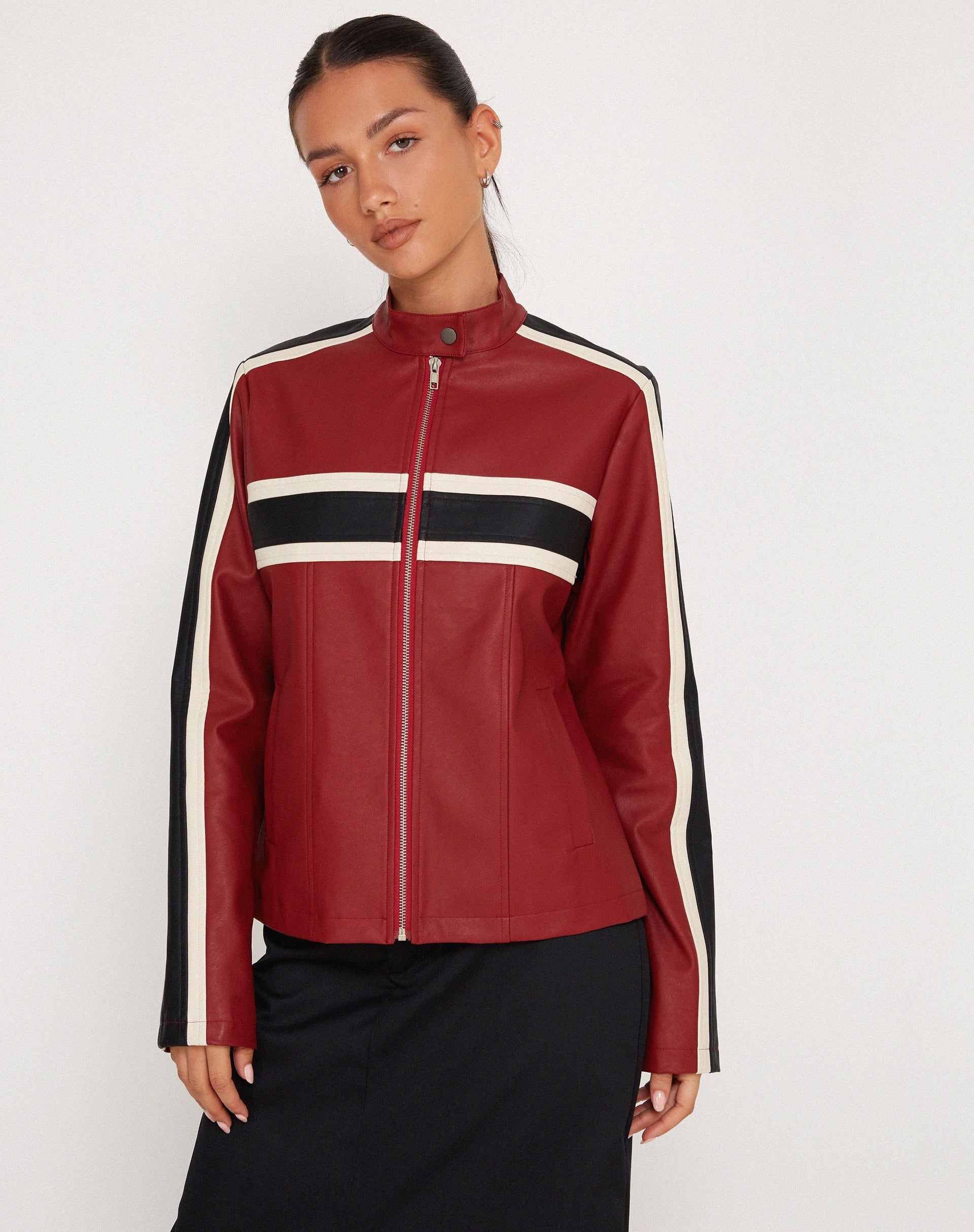 Red jacket sale with white stripes