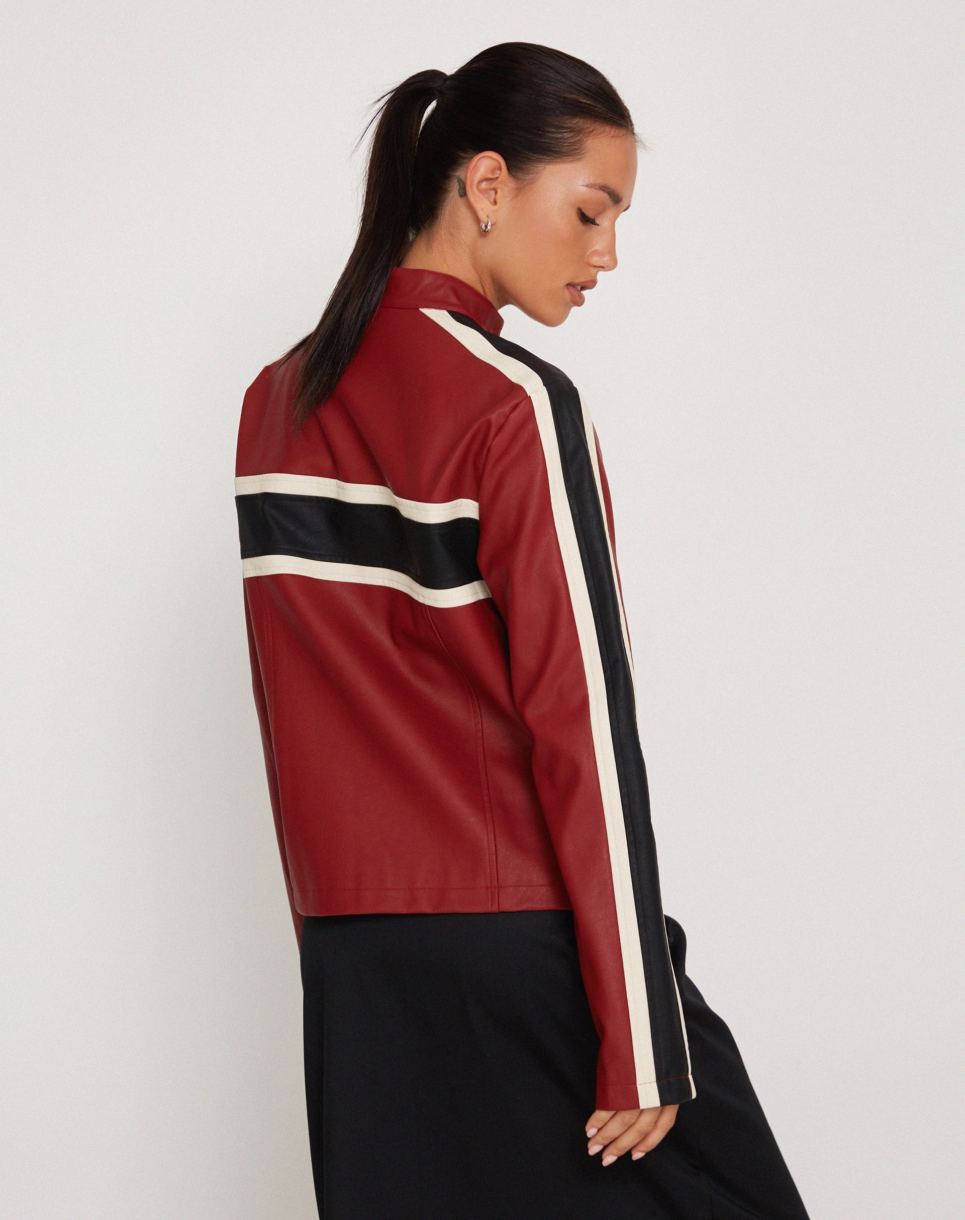 Image of Oliver Zip Up Jacket in PU Red with Ecru Stripe