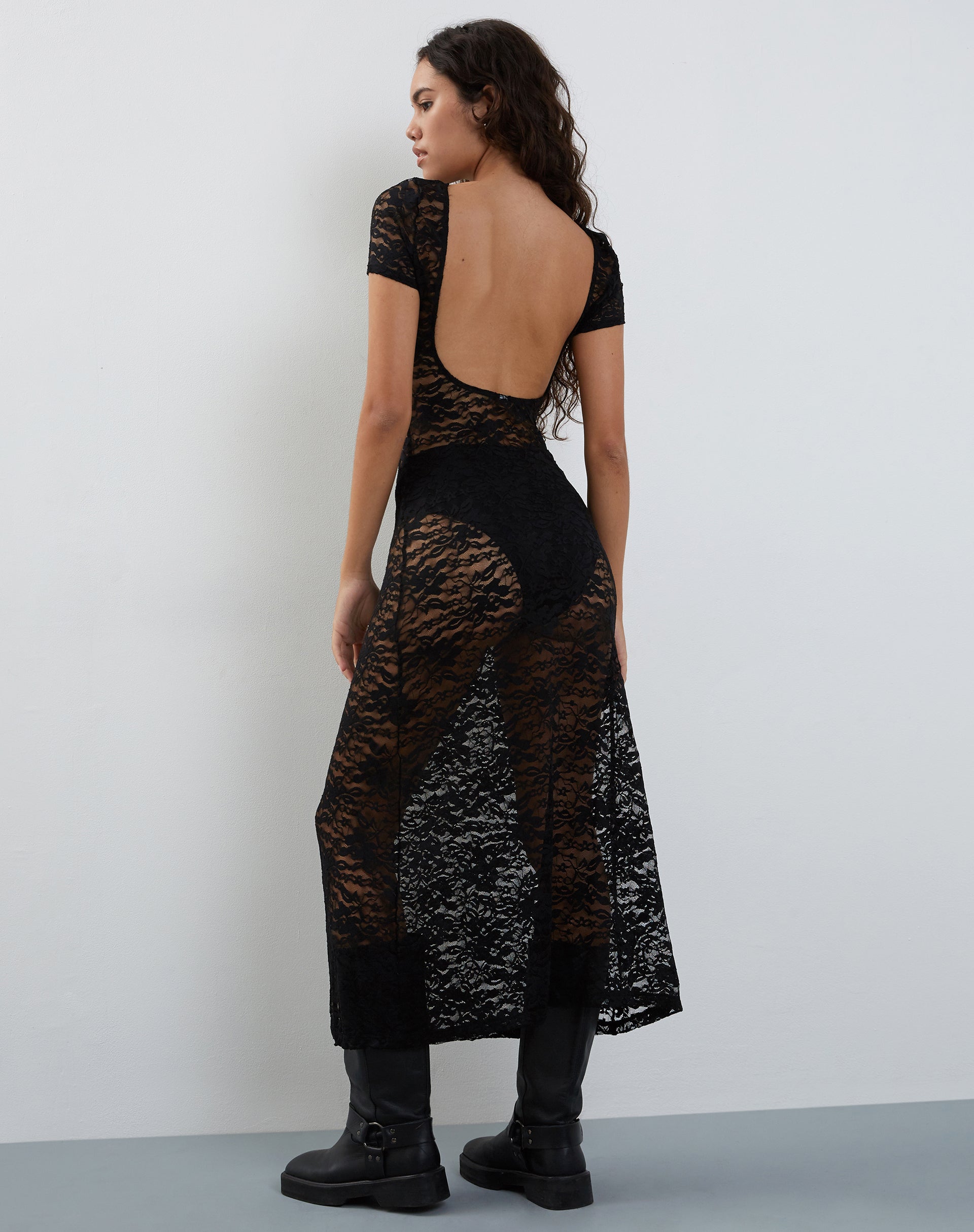 image of Detrie Low Back Lace Midi Dress in Jet Black Lace