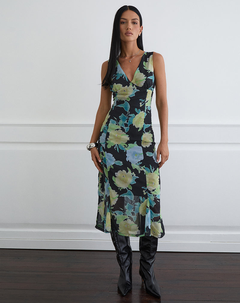 Image of Olydia Midi Dress in Black Chiffon with Crystal Flower Print