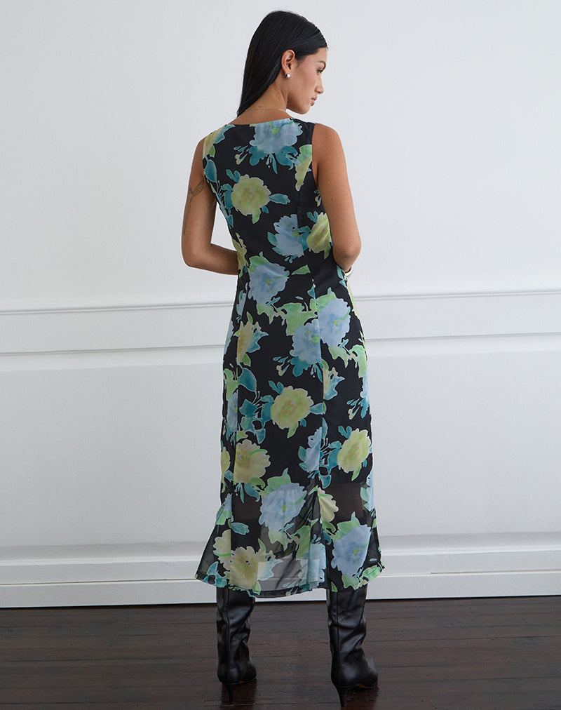 Image of Olydia Midi Dress in Black Chiffon with Crystal Flower Print