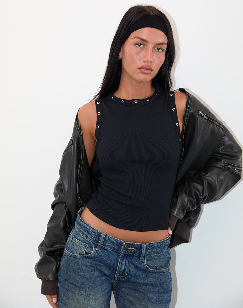 Black Rib Eyelet Tank Top | Omari – motelrocks-com-aus