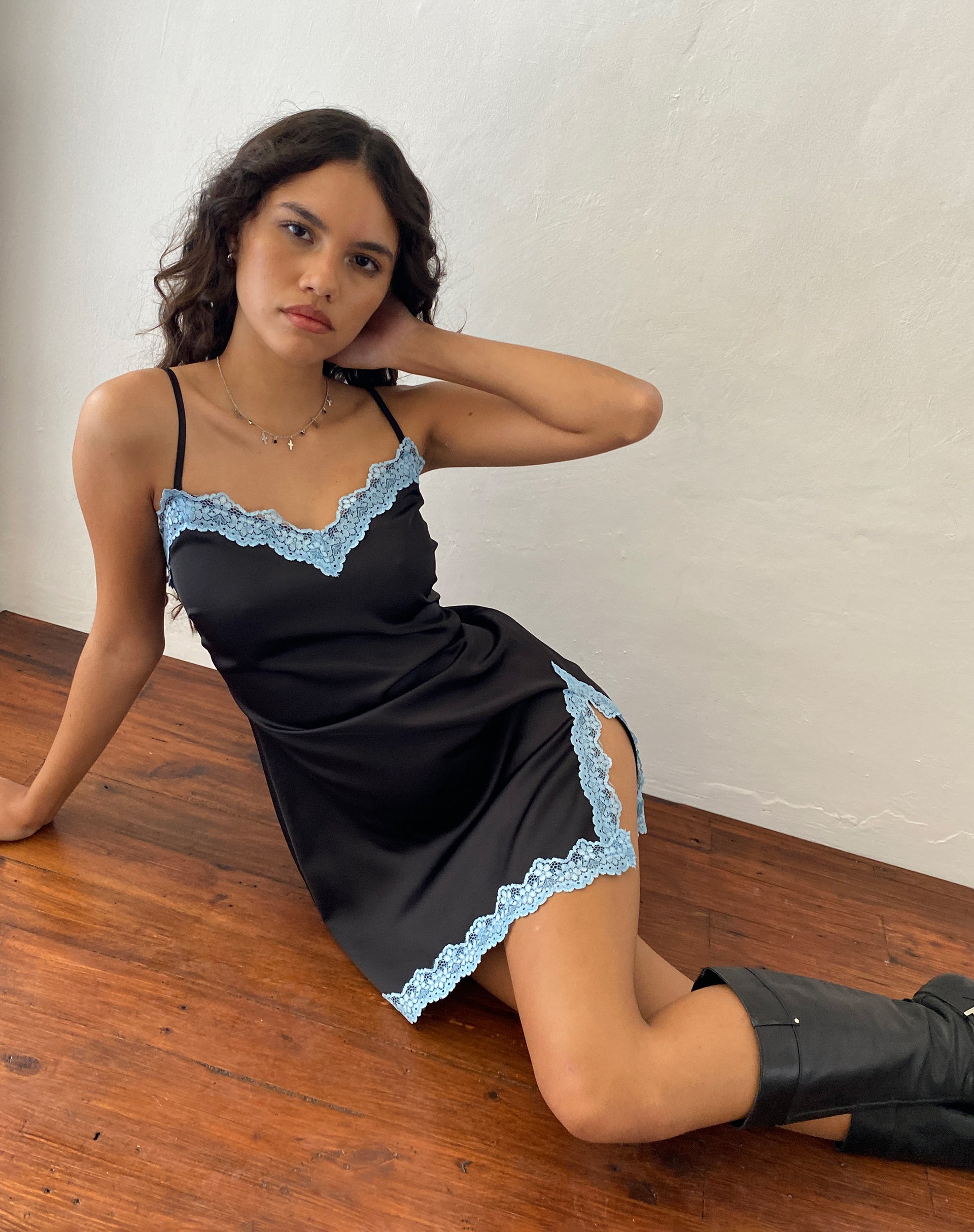 image of Oming Slip Mini Dress in Black with Blue Lace