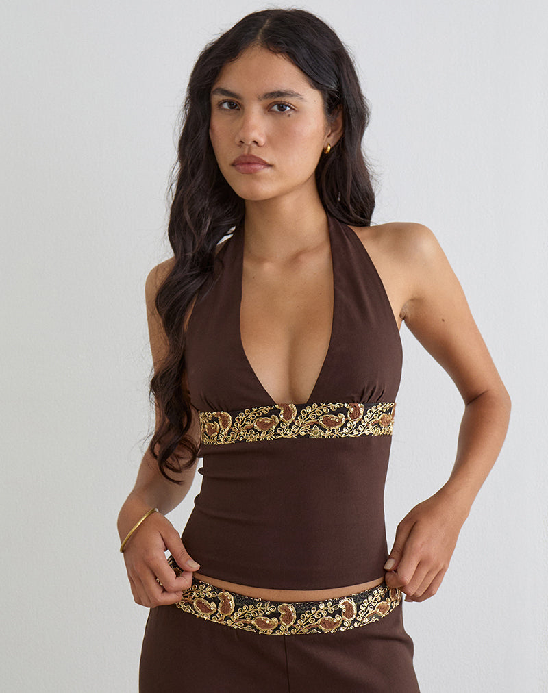Image of Orvio Halter Top in Brown with Embroidered Sequin Trim