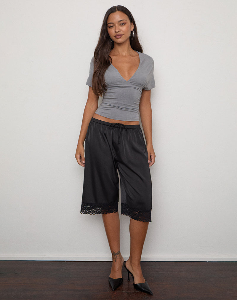 Image of Qiana Short with Lace Trim in Satin Black