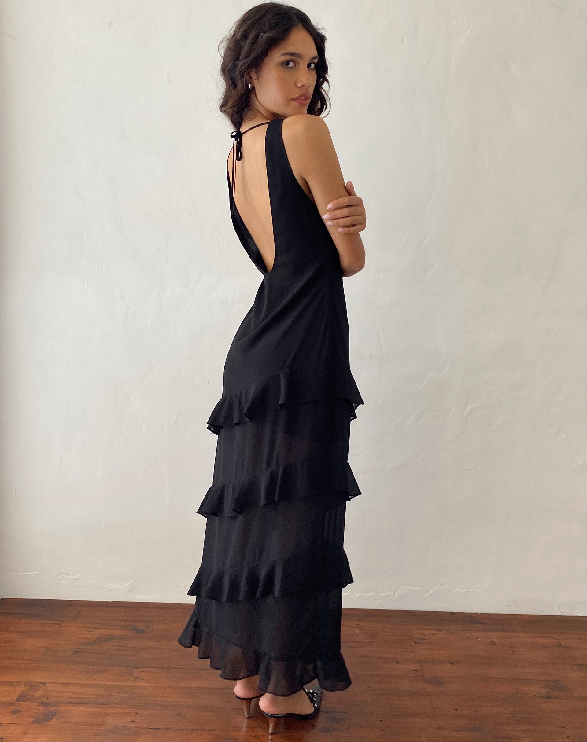 Image of Otna Ruffle Detail Chiffon Maxi Dress in Black