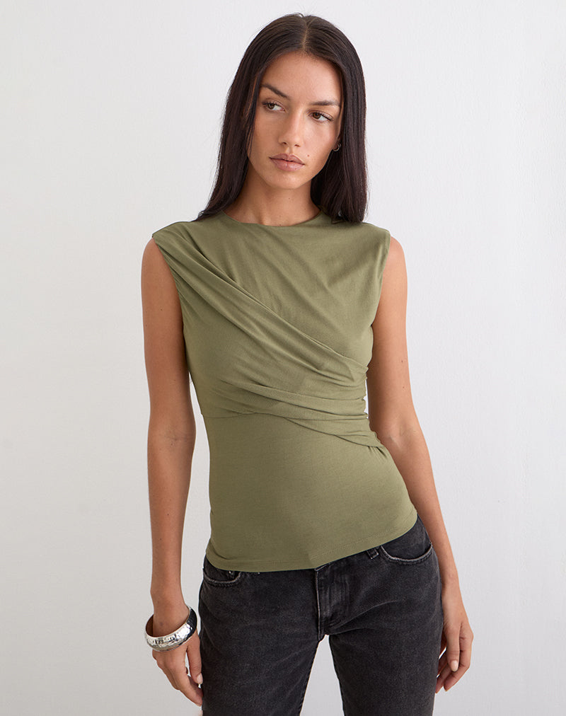 Otso Twist Wrap Top in Rayon Jersey Khaki