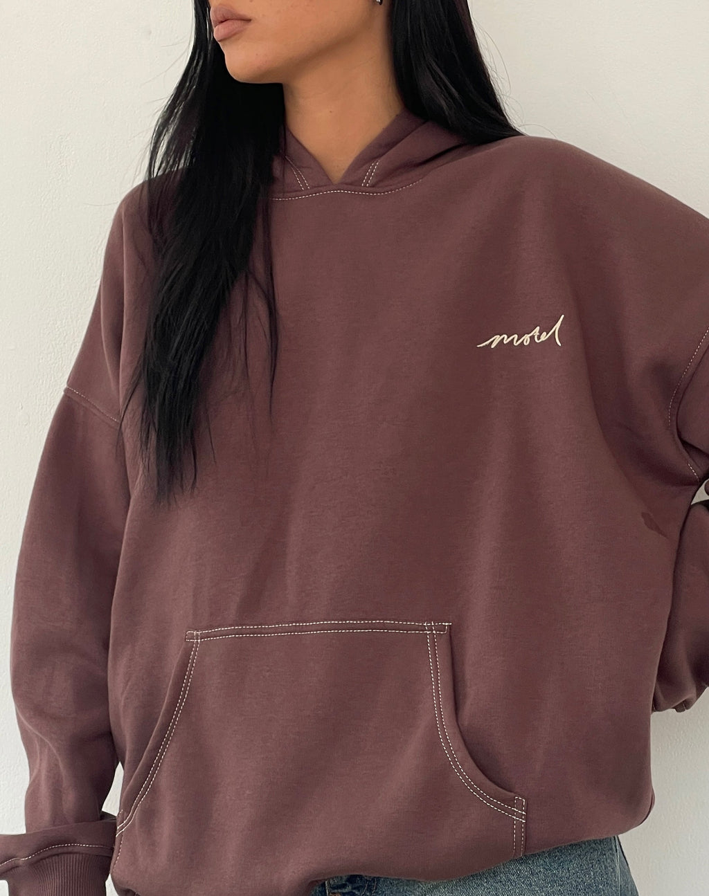 Oversize Hoodie in Deep Mahogany with Motel Scribble Embroidery