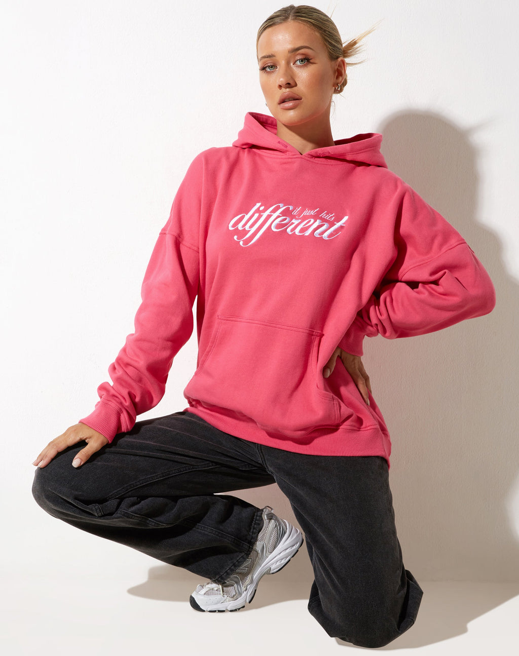 Oversize Hoodie in Fandango Pink with 'Different' Embro