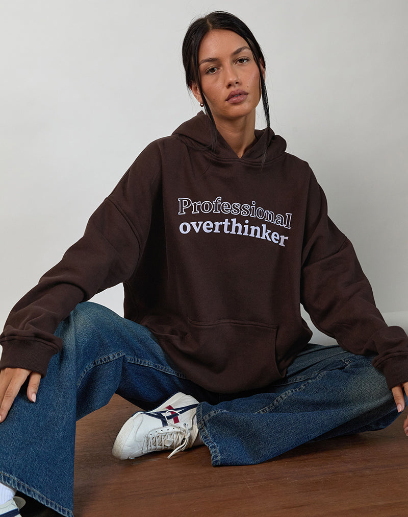 Oversized Hoodie in Bitter Chocolate with Overthinker Print