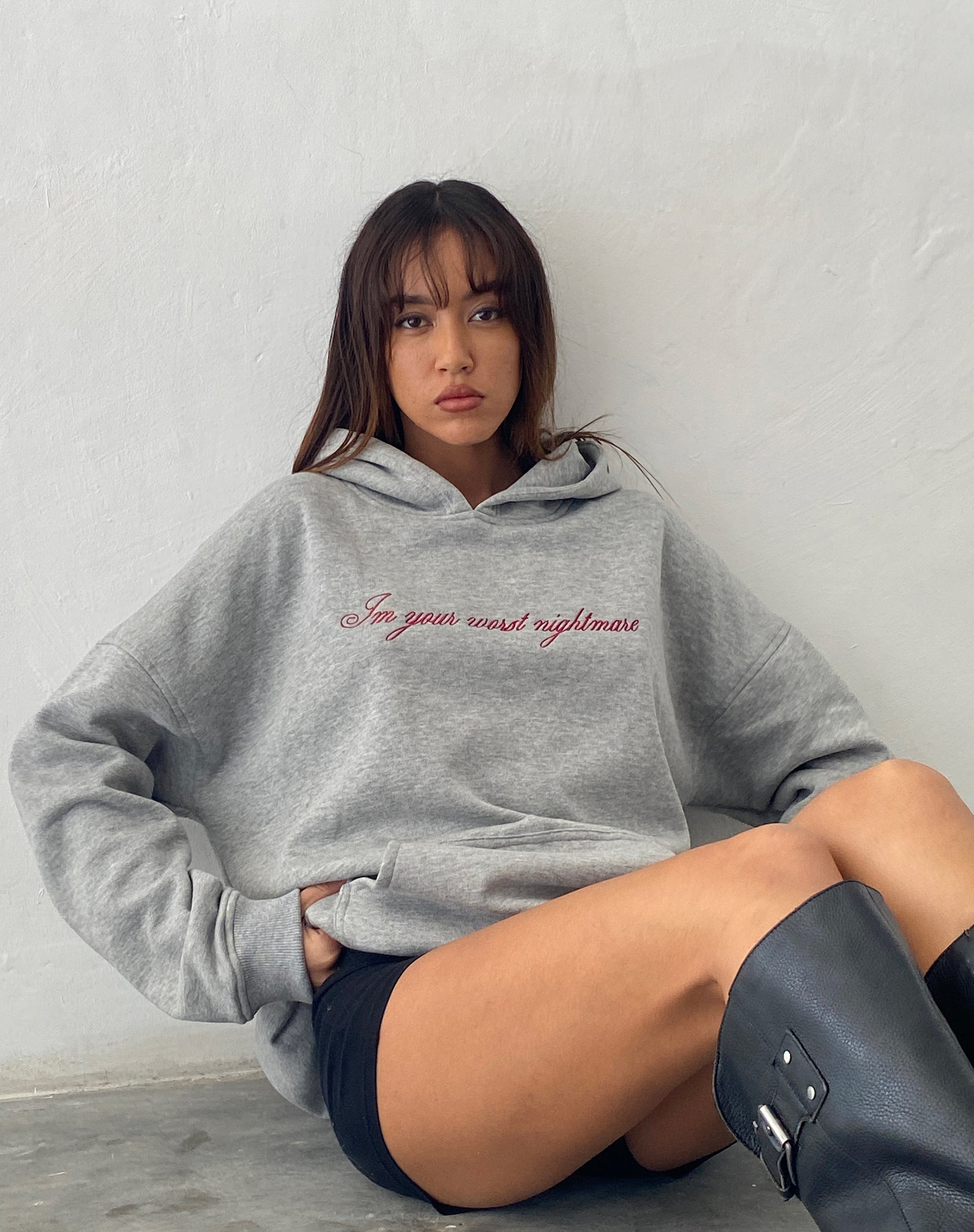 Image of Oversized Hoodie in Grey Marl with Worst Nightmare Graphic