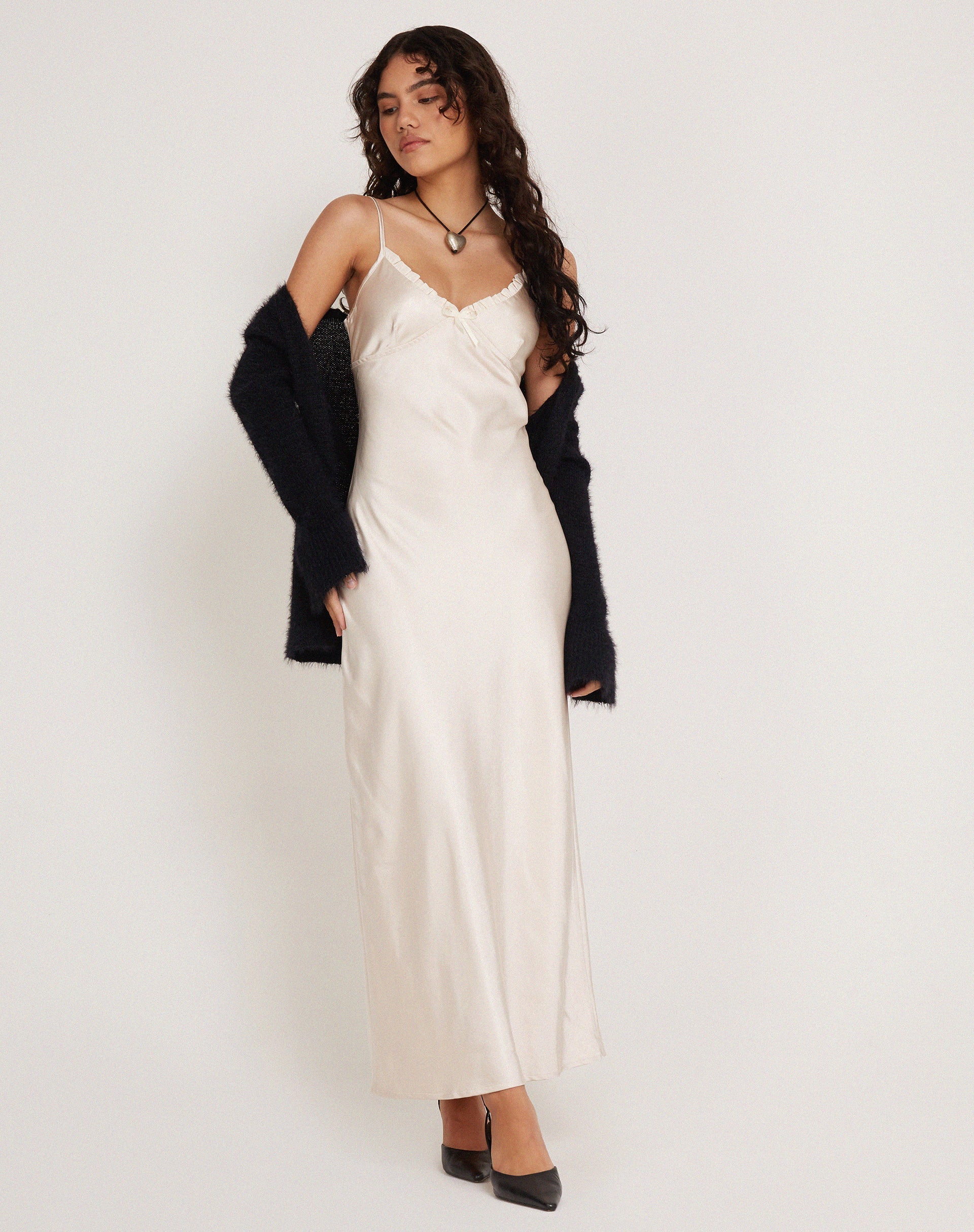 Satin Pearled Ivory Midi Dress | Padil – motelrocks-com-aus