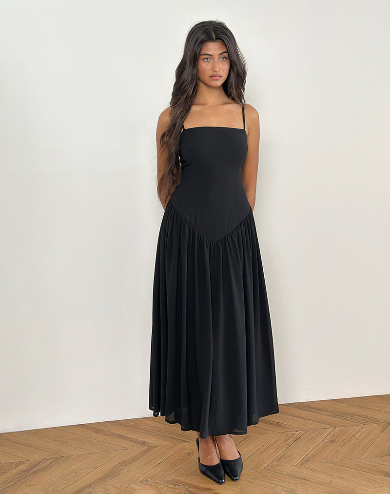 Image of Paduri Drop Waist Midi Dress in Chiffon Black