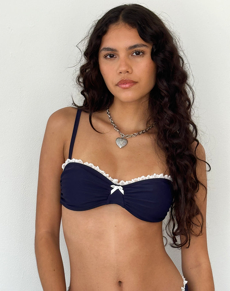 Pali Bikini Top in Midnight Blue with Broderie Trim