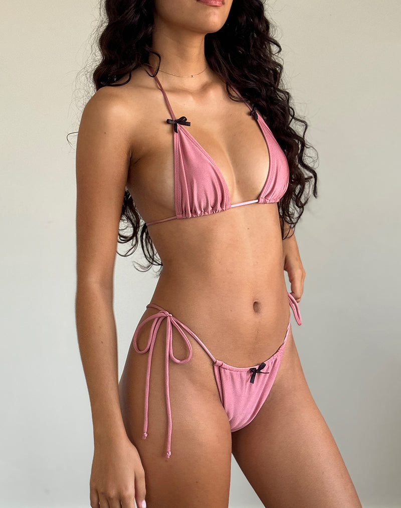 Leyna Bikini Bottom in Pink Shimmer with Black Bow