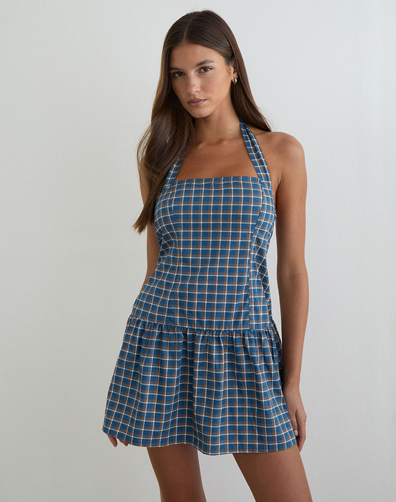 Image of Panja Mini Halter Neck Dress in Medium Tartan Blue
